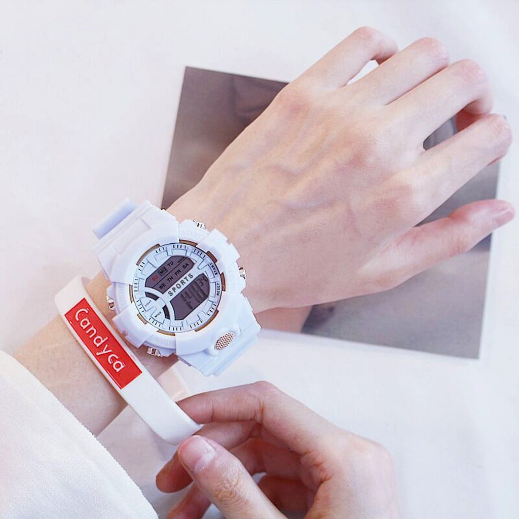 Stiwee Fossil Watch Women Fashion Waterproof Women LCD Digital Stopwatch Date Rubber Sport Wrist Watch White