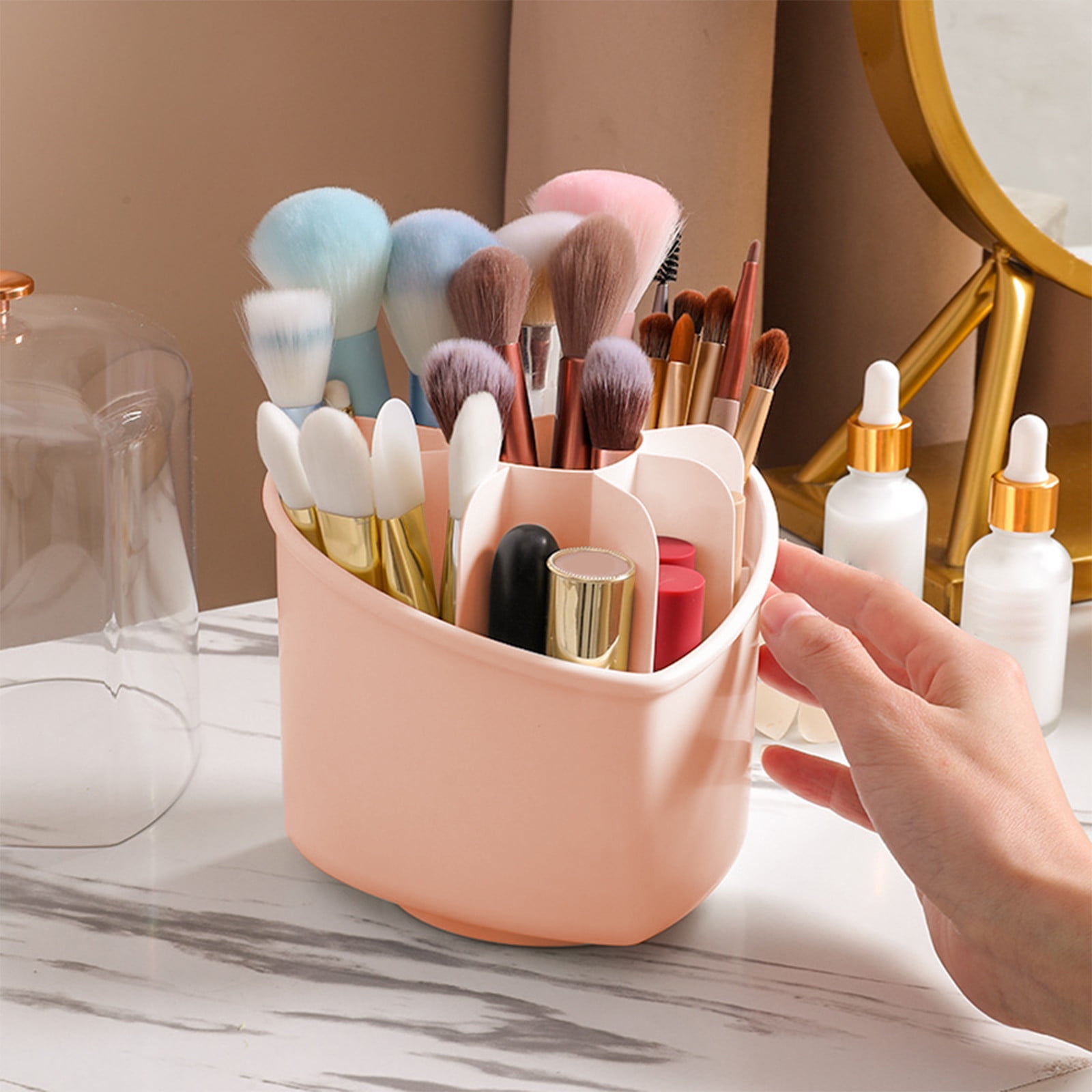 Stiyth Makeup Brush Holder Organizer with Lid 360 Rotating Dustproof Makeup Brushes Organizer 5 Slot Make up Brushes Cup for Cosmetics Nail Polish Art