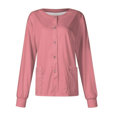 Kopltyrfg Scrub Jackets For Woman Solid Color Long Sleeve Front Warm Up Nurse Working Uniform Stretchy Coat Pink 2XL