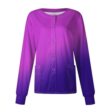 Kopltyrfg Scrub Jackets For Woman Solid Color Long Sleeve Front Warm Up Nurse Working Uniform Stretchy Coat Purple 3XL