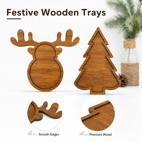 StlyGar 2 Pcs Wood Christmas Tray Set, Festive Wooden Serving Platters, Christmas Tree and Reindeer Antler Designs, Holiday Snack Trays