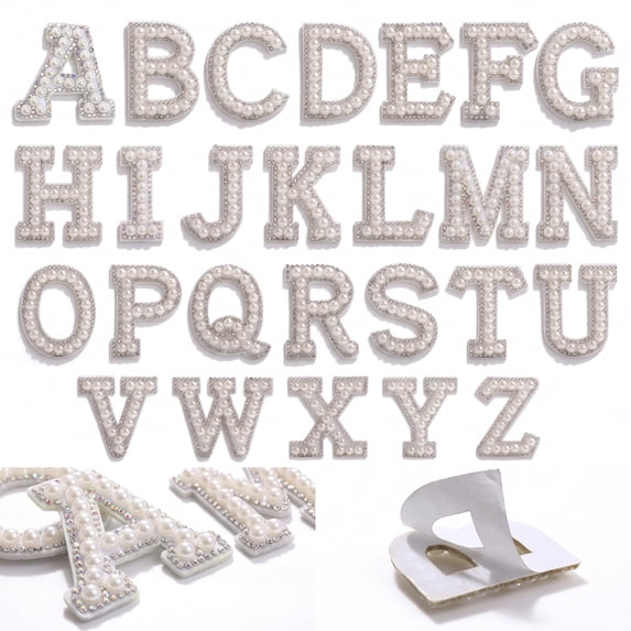 StlyGar 26 Piece Rhinestone Iron on Patch A to Z Letter Appliques Adhesive White Pink Colorful Pearl Bling Patch Glitter Alphabet Embellishments for DIY Craft Supplies(Double Sided Tape Style)