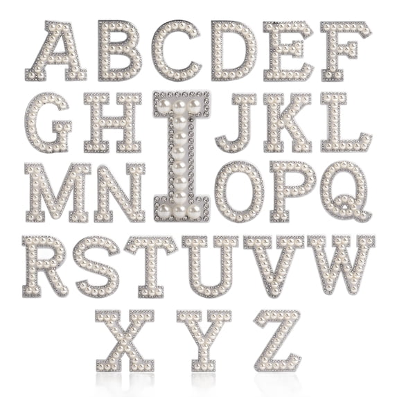 StlyGar 26 Piece Rhinestone Iron on Patch A to Z Letter Appliques Adhesive White Pink Colorful Pearl Bling Patch Glitter Alphabet Embellishments for DIY Craft Supplies(Hot Melt Glue Style)
