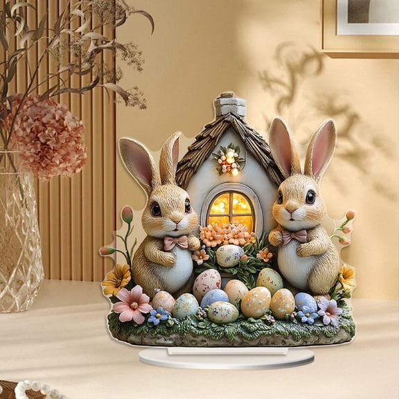 StlyGar 2D Acrylic Easter Bunny Tabletop Decor, Double-Sided HD Printed Bunny House Ornament with LED Light for Spring & Easter Decor