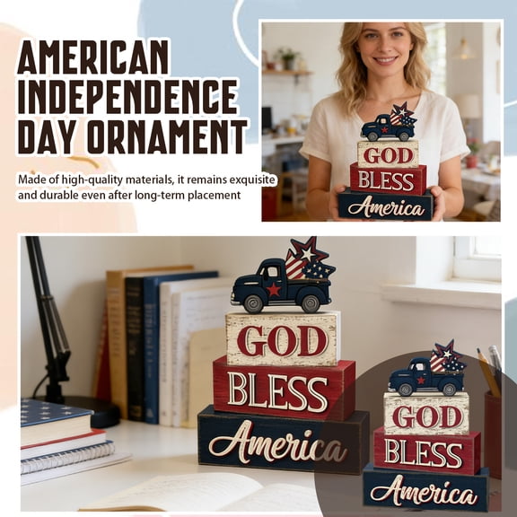 StlyGar 4 Pcs 4th of July Patriotic Table Decor Memorial Day Red White Blue Truck Wood Sign Rustic God Bless America Tabletop Centerpiece Block Independence Day Tiered Tray Decor