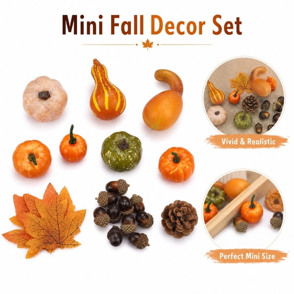 StlyGar 70-Piece Artificial Fall Harvest Decor Set, Faux Pumpkins Maple Leaves Acorns Pinecones, Halloween Thanksgiving Table Decor