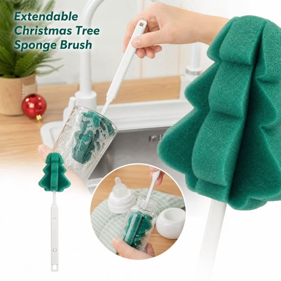 StlyGar Bottle Brush Sponge Christmas Tree Shape 1pack Scalable Length Long Handle Bottle Brush Flexible Scrub Brush for Multiple Types Bottles