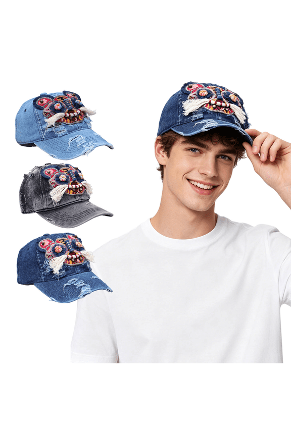 Chinese Folk Art Tiger Head Denim Cap, Handmade Embroidered Adjustable Baseball Hat, Vintage Distressed Sun Cap for Men Women B