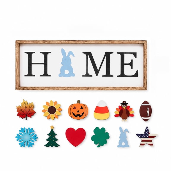 StlyGar Creative Interchangeable HOME Seasonal Tabletop Sign with 13 Pcs Seasonal Icons Wooden HOME Sign for All Shelf Mantel Windowsill Decor
