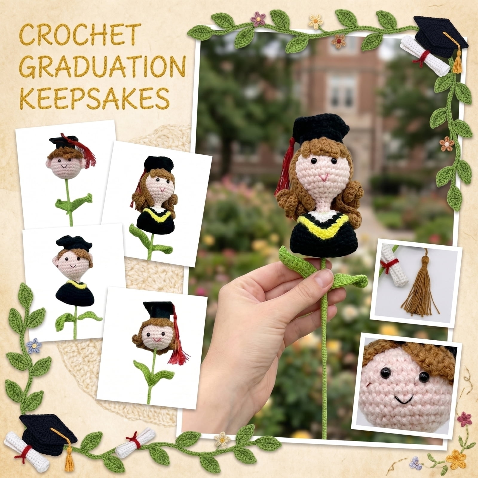 StlyGar Crochet Flower Graduation Hat Girl boy Figurine Artificial Bouquet Stylish Academic Achievement gift 11.8in
