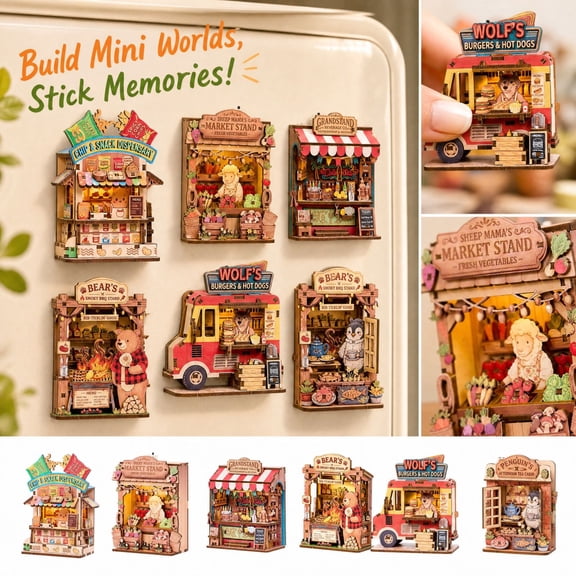 StlyGar DIY Miniature Wooden House Kit,3D Wooden Puzzle Fridge Magnet,Decorative Refrigerator Magnet with LED Light Compact Handmade Craft Ornament for Fridge,Desk,Bookshelf,Adults Beginners C
