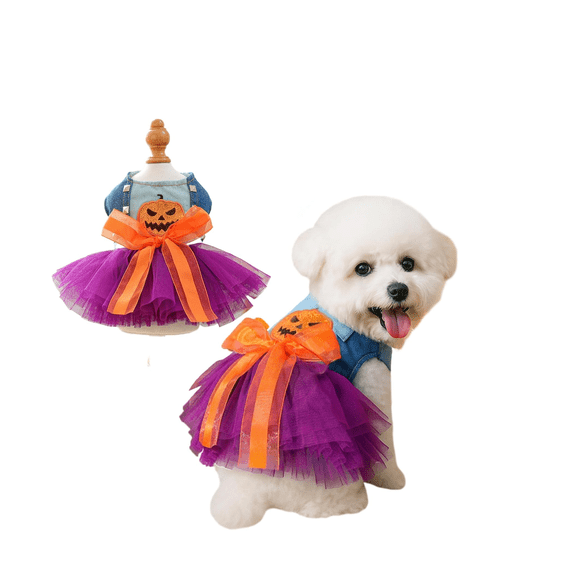 StlyGar Dog Halloween Tutu Dress Holiday Dog Clothes for Small Medium Pets Pumpkin Pattern Cat Outfits with Denim Top Purple Tulle Skirt Orange Bow