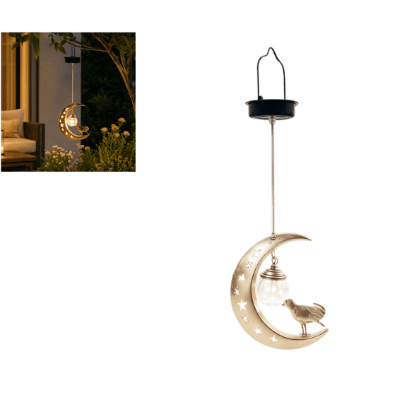StlyGar Dog Hanging Moon Solar Light Solar LED Pathway Lights Metal Crescent Yard Lamp with Hanging Crackle Glass Ball