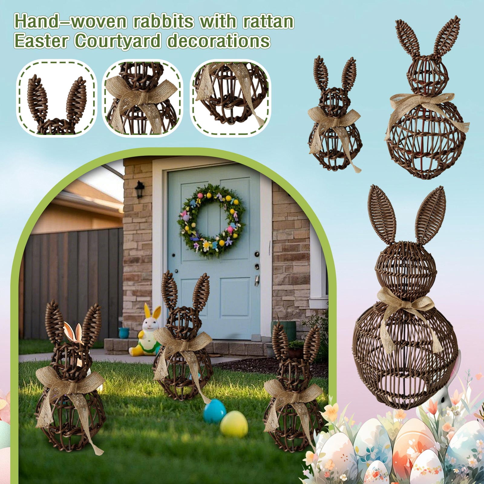 StlyGar Easter Wicker Bunny Decor Large Rattan Bunny with Linen Bow ...