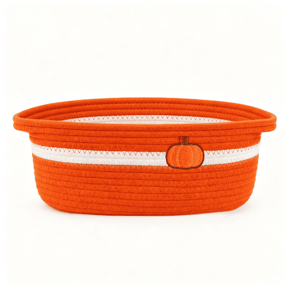 StlyGar Fall Pumpkin Basket, Orange Woven Rope Storage Basket, Cotton Rope Basket with Pumpkin Embroidery, Autumn Home Decor