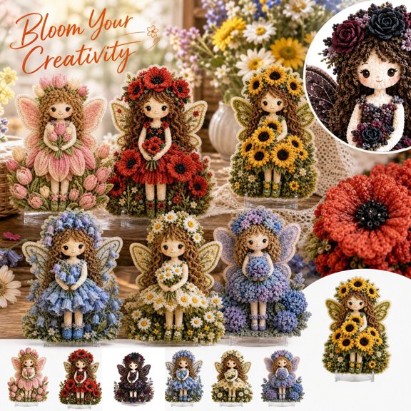 StlyGar Flower Fairy 3D Fabric Poke Art Kit & Punch Needle Kit Doll Embroidery Craft Set with Tools & Flocking Materials Relaxing DIY Gift for Adults
