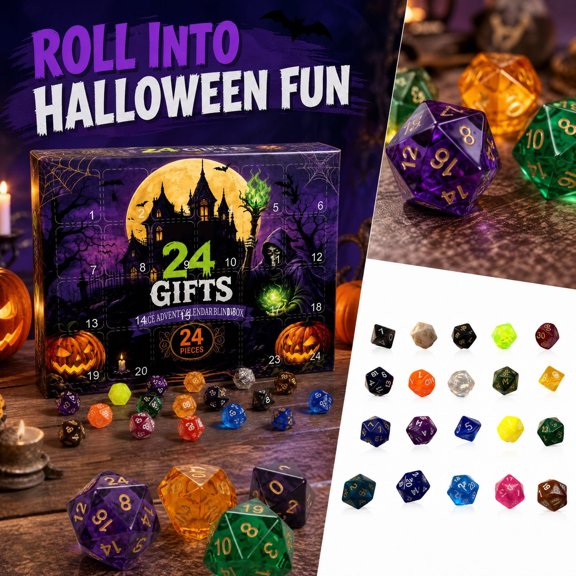 StlyGar Halloween Countdown Advent Calendar with 24 MultiSided Dice Colorful Polyhedral Dice Set Gift Box