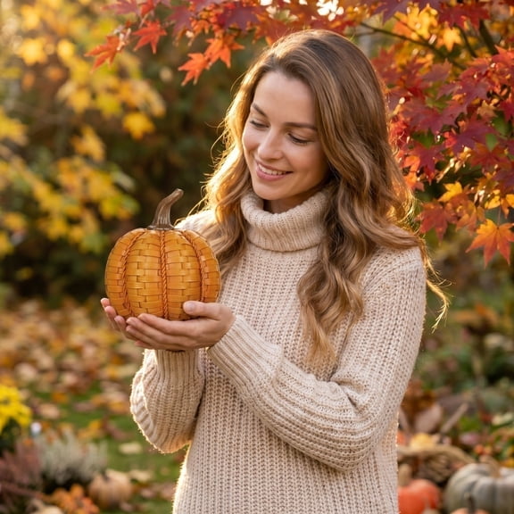 StlyGar Halloween Decorations Artificial Pumpkins Resin Pumpkins Woven 6in Boho Pumpkin Centerpiece for Rustic Fall Thanksgiving Autumn Table Decor