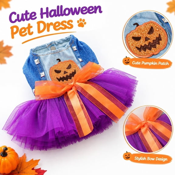 StlyGar Halloween Dog Denim Dress Pumpkin Witch Cat Costume Bow Tie Girl Puppy Outfit for Small Dogs Pet Halloween Clothes