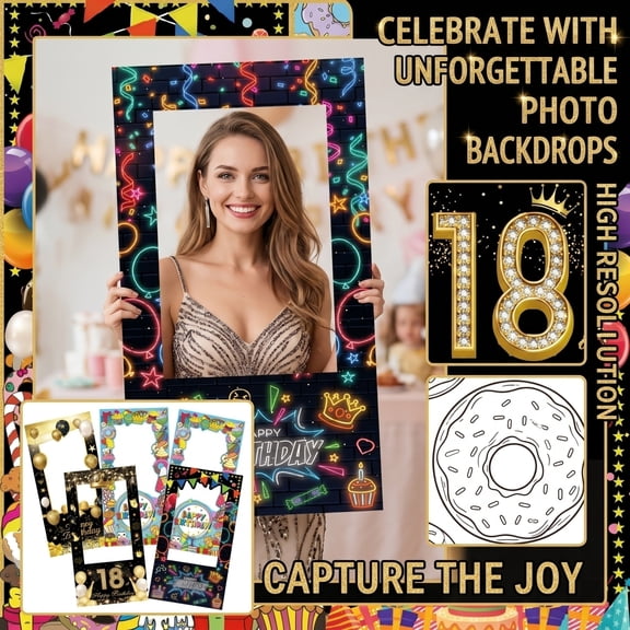 StlyGar Happy Birthday Photo Booth Frame, Party Selfie Frame, Black Brick Wall Birthday Photo Prop for Adults, 18th Birthday Decoration For Party Supplies A