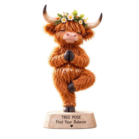 StlyGar Highland Cow Tree Pose Yoga Statue, Find Your Balance Figurine, Meditation Home Decor, Highland Cow