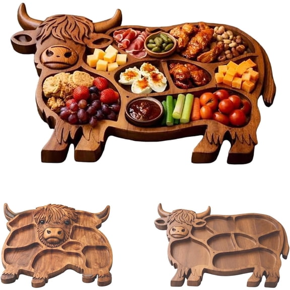 StlyGar Highland Cow Wooden Charcuterie Board, Rustic Farmhouse Serving Board Made from Natural Solid Wood with Compartments for Cheese, Meat, Fruit & Snacks B