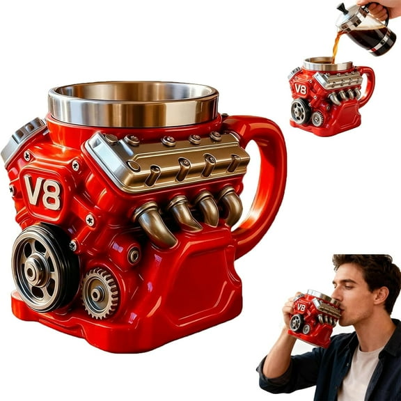 StlyGar Retro V6/V8 Engine Mug 3D Mechanical Coffee Cup with Pistons & Cylinders Stainless Steel & Resin Double Wall Thermal Car Mug for Car Enthusiasts, Gearheads Gifts Garage Road Trip V8