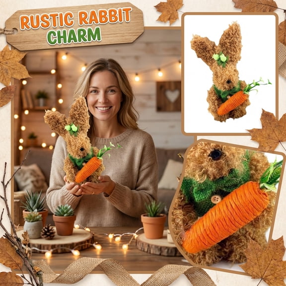 StlyGar Rustic Brown Faux Fur Rabbit Holding Decor – Autumn Fall Home Decor Figurine for Mantel, Shelf, or Tabletop