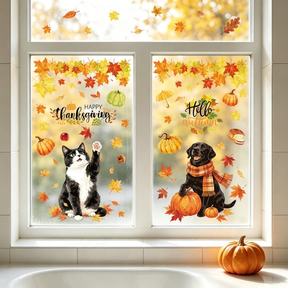 StlyGar Set of 2 Fall Window Clings Thanksgiving Hello Autumn Black Cat Black Dog Pumpkin Maple Leaf Decor for Glass Windows Home