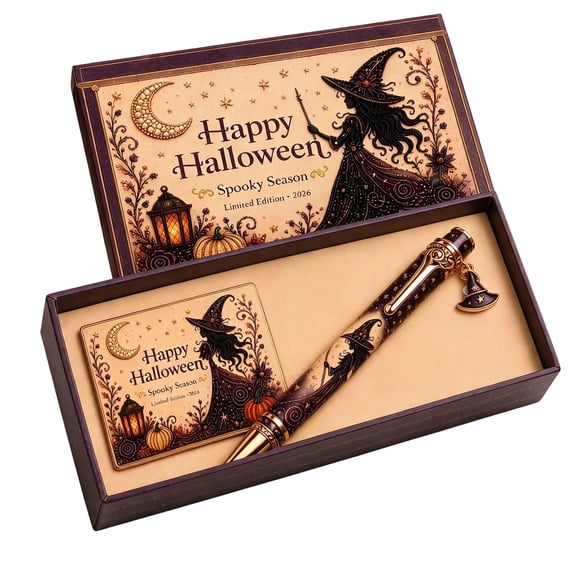 StlyGar Spooky Halloween Decorative Ballpoint Pen with Gift Box Witch Hat Charm Vintage Print Plastic Pen Elegant Holiday Stationery Gift for Teens