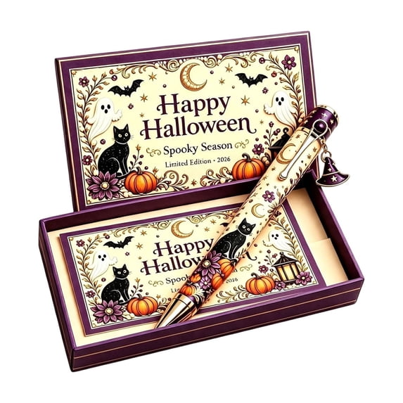 StlyGar Spooky Halloween Decorative Ballpoint Pen with Gift Box Witch Hat Charm Vintage Print Plastic Pen Elegant Holiday Stationery Gift for Teens