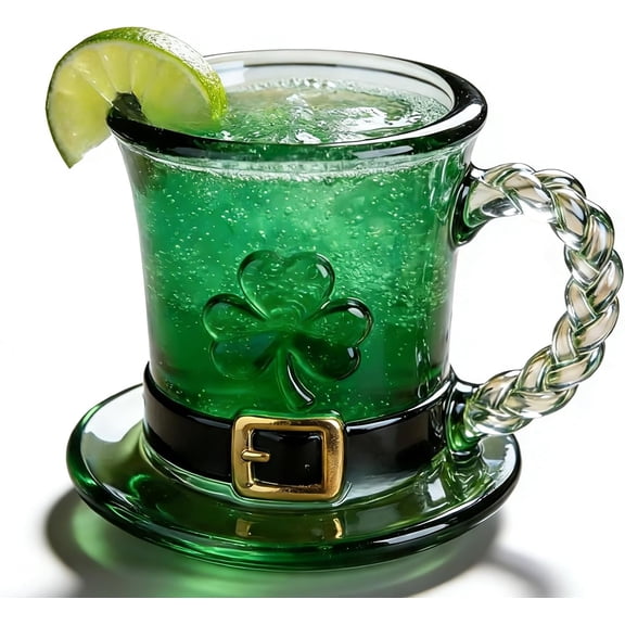 StlyGar St. Patrick's Day Hat Glass Mug,Shamrock Hat Glass Mug - 11oz Emerald Green Coffee Cups 1PC