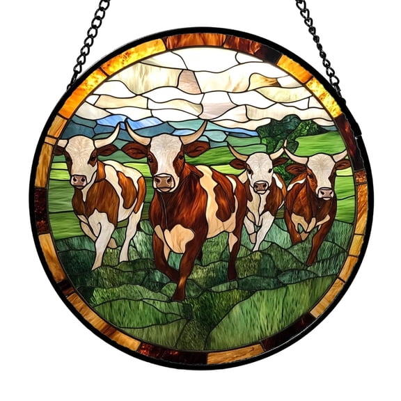 StlyGar Stained Glass Window Hanging Grassland Cattle Herd Landscape- Suncatcher Door Garden Home Decor Birthday Christmas for Men Woman Mom Grandma Dad Friend