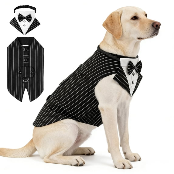 StlyGar Striped Dog Tuxedo Harness Vest, Black White Pinstripe Pet Wedding Suit with Black Bow Tie, Formal Puppy Costume for Party Holiday Outdoor(S)