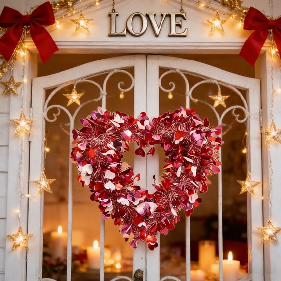 StlyGar Valentine's Day Heart Wreath, Pink and Red with Heart Decorations, 15.75 x 14.57 Inches, Door Decor (1pcs)