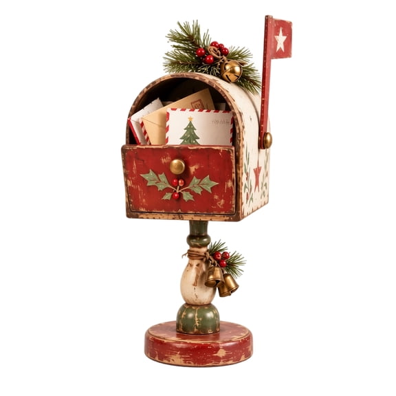 StlyGar Vintage Christmas Mailbox Decor, Pedestal Style, Decorative Tabletop Mailbox with Holly, Pine, Bells, Red Flag, Holiday Home Accent
