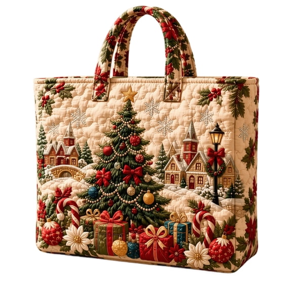 StlyGar Vintage Quilted Christmas Tote Bag 16.93in Patchwork Plaid Christmas Theme Shoulder Bag Large Capacity Holiday Gift Shopping Bag for Xmas