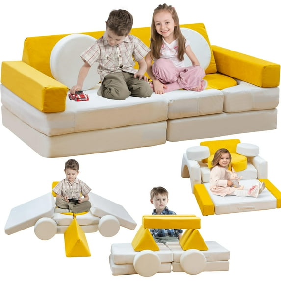 Stmoze 13Pcs Yellow Modular Kids Couch Fort for 8 Year Old,Kids Play Foam Couch Fort,Cozy Kids Couch Fort Open Sofa,Kids Couch Fort Chair for Playroom Bedroom Livingroom Decor