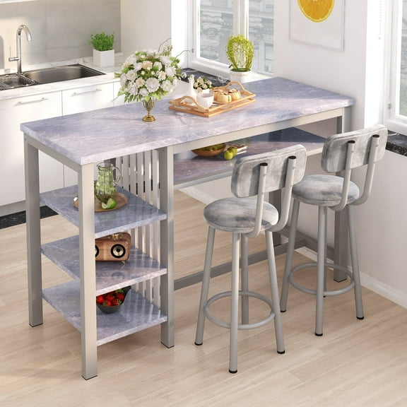 Stmoze 3-Piece Bar Table and Chairs Set, Modern Glay Table with 2 PU Cushion Bar Stools, Kitchen Counter with 3 Tier Storage Shelves, Space Saving Table for Home & Kitchen, Grey