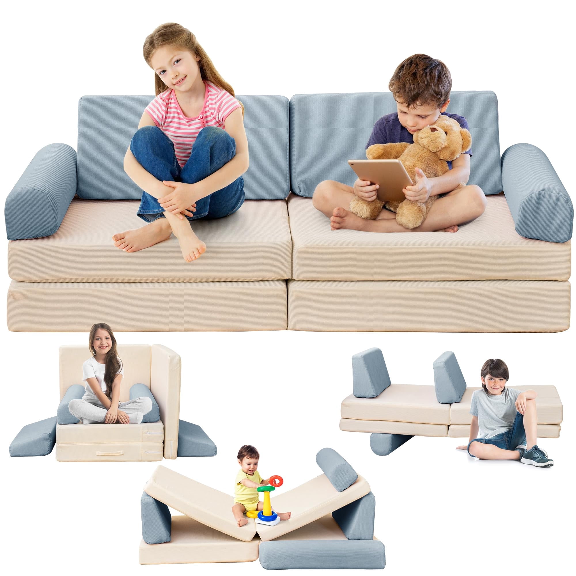Stmoze 8Pcs Modular Couch Kids Cyan,Modular Kids Play Couch Fort ...