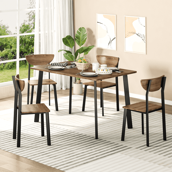 Stmoze Kitchen Dining Table Set for 4, Modern Rectangular 5 Piece Dining Room Table and Chairs Set, Brown Wooden Metal Table Set for Family Dinner, Party, Afternoon Tea and Work (Curved Moon)