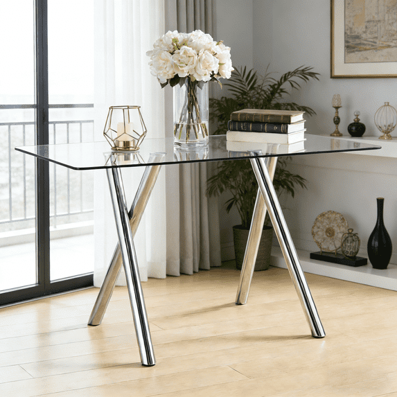 StnTal 51.2'' Modern Glass Dining Table for 4-6, Rectangular Dining Room Table with Silver Metal Legs, Clear Tempered Glass Top Dining Table for 4, Space-Saving Dinner Kitchen Table for 4