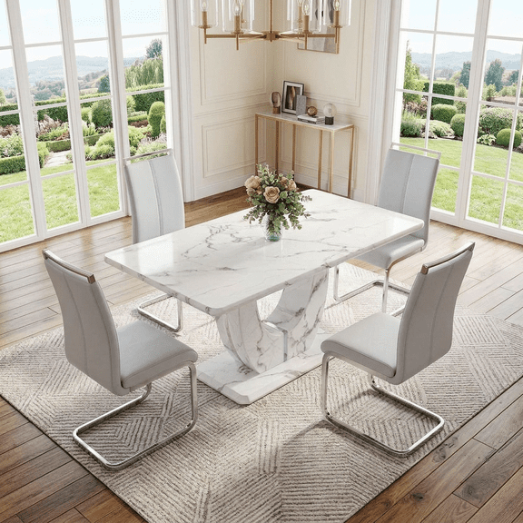 StnTalk Modern Dining Table Set for 4, Faux Marble Dining Room Table Set with 4 White PU Leather Cantilever Dining Chairs, Rectangular Kitchen Table Set for 4