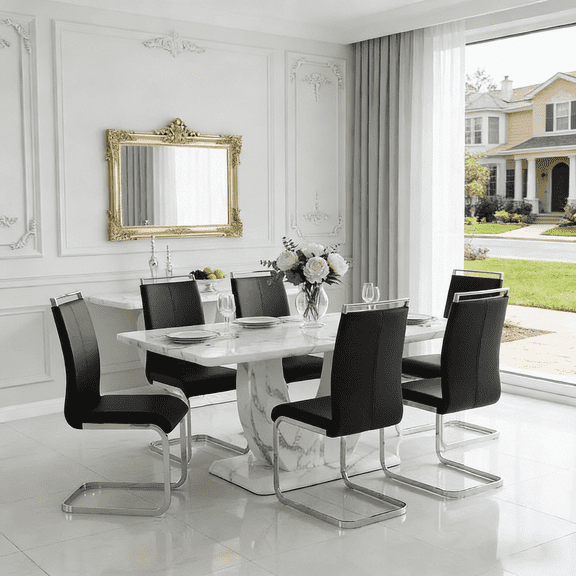 StnTal Modern Dining Table Set for 6, Faux Marble Dining Room Table Set with 6 Black PU Leather Cantilever Dining Chairs, Rectangular Kitchen Table Set for 6