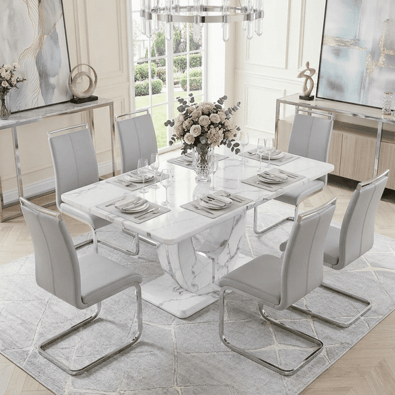 StnTalk Modern Dining Table Set for 6, Faux Marble Dining Room Table Set with 6 Light Gray PU Leather Cantilever Dining Chairs, Rectangular Kitchen Table Set for 6