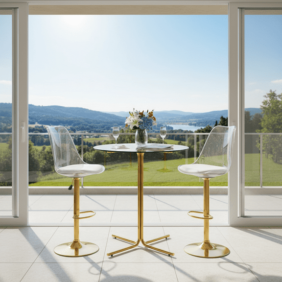 StnTalk 3-Piece Bar Table and Chairs Set, 36.2" Glass Pub Table with 2 Adjustable Height Bar Stools, Clear Backrest Bistro Set with Footrest for Kitchen, Dining, Home Bar