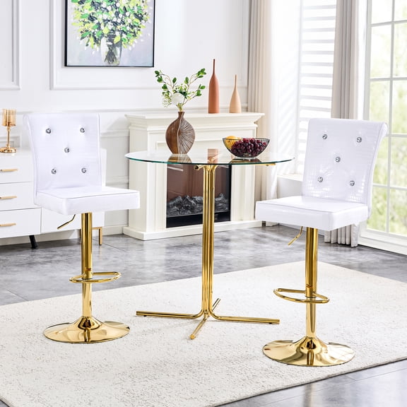 StnTalk 36" Round Tempered Glass Dining Table with 2 Adjustable Height PU Leather Bar Stools, 3-Piece Bar Table Set, Chrome Base Kitchen Island Set for Small Space