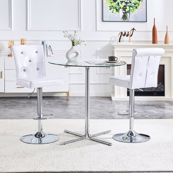 StnTalk 36" Round Tempered Glass Dining Table with 2 Adjustable Height PU Leather Bar Stools, 3-Piece Bar Table Set, Chrome Base Kitchen Island Set for Small Space