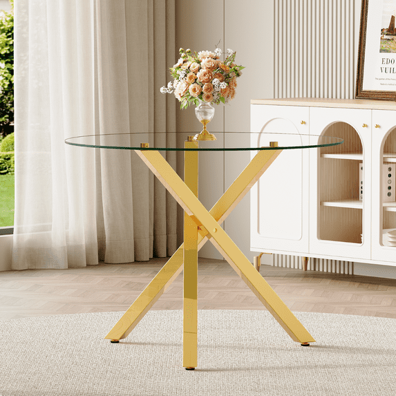StnTalk 39" Modern Round Glass Dining Table, Gold Stainless Steel Legs & Tempered Glass Top, Minimalist Circle Kitchen Table for Small Spaces, Home Office & Dining Room