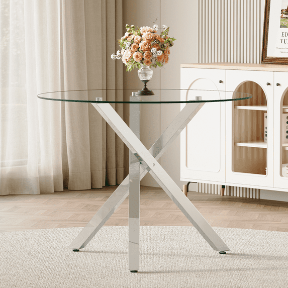 StnTalk 39" Modern Round Glass Dining Table, Silver Stainless Steel Legs & Tempered Glass Top, Minimalist Circle Kitchen Table for Small Spaces, Home Office & Dining Room
